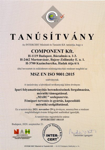 Component ISO tanúsítvány 20211129-ig